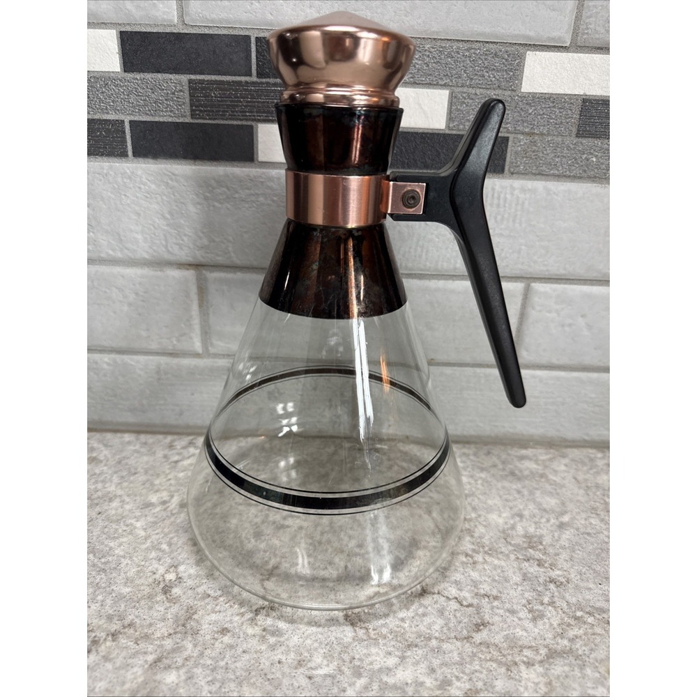 Vintage MCM Atomic 1960s Inland Glass Coffee Carafe Stripes Rose Bronze Scuffs
